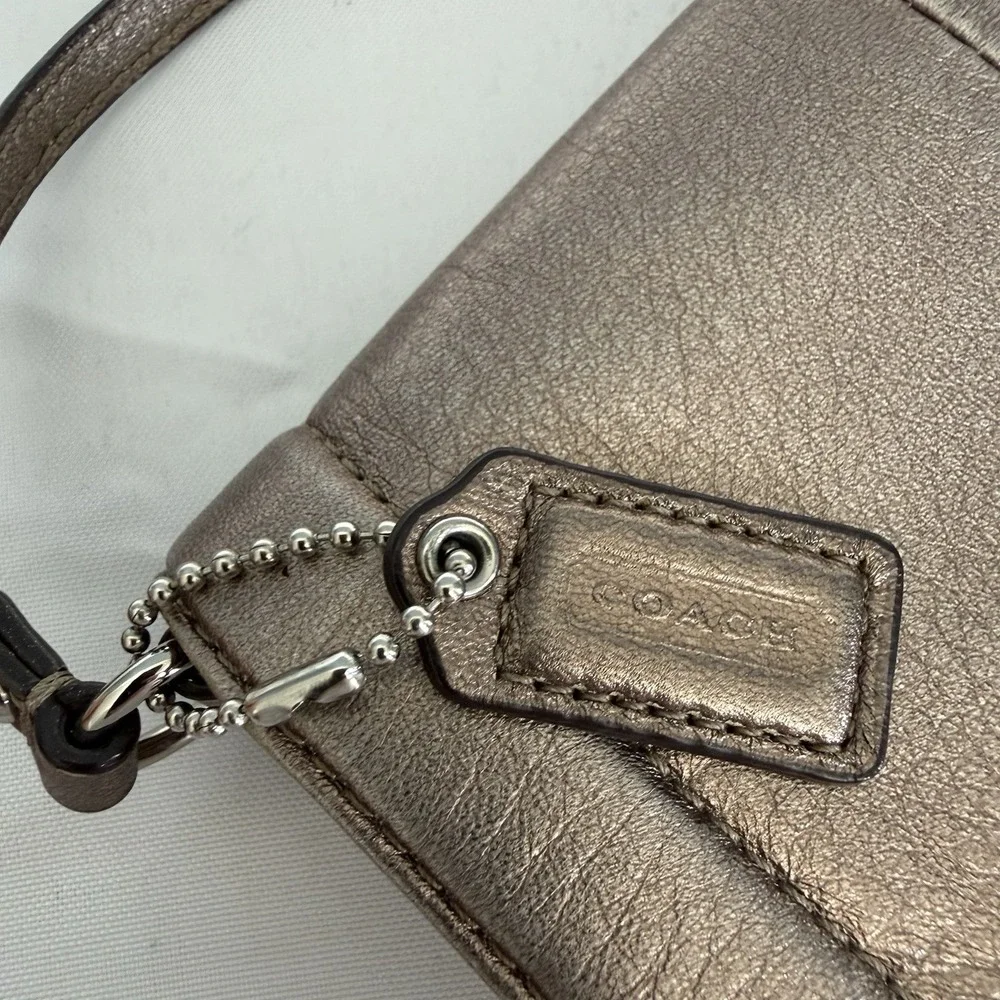 COACH KRISTIN Soft Pebbled Leather Silver Metallic Wristlet Top Handle Mini Bag